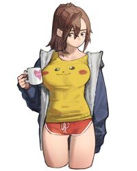 Rule 34 | 1girl, breasts, brown hair, character print, commentary, creatures (company), cropped legs, cup, english commentary, game freak, gen 1 pokemon, hand up, highres, holding, holding cup, jacket, large breasts, long hair, long sleeves, looking at viewer, nintendo, open clothes, open jacket, original, pikachu, pikachu print, pokemon, ponytail, red shorts, shirt, shorts, simple background, solo, sweetcassava, white background, yellow shirt