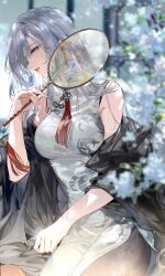 Rule 34 | 1girl, absurdres, armpit crease, black shawl, blue eyes, blurry, blurry background, breasts, china dress, chinese clothes, commentary, dress, genshin impact, grey hair, grey pantyhose, hand fan, highres, holding, holding fan, large breasts, light particles, long hair, nevakuma (fanfanas), pantyhose, parted lips, shawl, shenhe (genshin impact), side slit, sidelocks, sitting, sleeveless, sleeveless dress, solo, swept bangs, symbol-only commentary, tuanshan, white dress