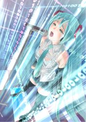 Rule 34 | 1girl, aqua eyes, aqua hair, binary, black thighhighs, blouse, boots, detached sleeves, hatsune miku, hyji, long hair, microphone, microphone stand, miniskirt, music, necktie, open mouth, pleated skirt, shirt, singing, skirt, sleeveless, solo, thigh boots, thighhighs, twintails, very long hair, vocaloid