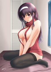 Rule 34 | 1girl, backless dress, backless outfit, bare back, bare shoulders, bed, between legs, black hair, black thighhighs, blush, breasts, closet, curtains, dress, full body, hair between eyes, hairband, hand between legs, highres, kasumigaoka utaha, large breasts, long hair, long legs, looking at viewer, meme attire, naked sweater, no bra, open-chest sweater, red eyes, ribbed sweater, saenai heroine no sodatekata, satou chagashi, sideboob, sitting, solo, sweater, sweater dress, thighhighs, turtleneck, turtleneck sweater, virgin killer sweater, wardrobe error, white hairband