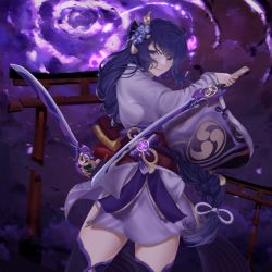 Rule 34 | 1girl, absurdres, black hair, blurry, bow, cloud, cloudy sky, commentary, den99, depth of field, dual wielding, eyes visible through hair, fighting stance, genshin impact, gradient hair, hair bow, hair ribbon, highres, holding, holding sword, holding weapon, japanese clothes, katana, long hair, long sleeves, looking at viewer, low-tied long hair, low ponytail, mitsudomoe (shape), multicolored hair, musou isshin (genshin impact), obi, obiage, parted bangs, purple eyes, raiden shogun, ribbon, sash, sidelocks, sky, solo, sword, thighhighs, tomoe (symbol), torii, vision (genshin impact), weapon, wide sleeves, zettai ryouiki