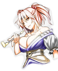 Rule 34 | 1girl, bare shoulders, belt, blue dress, breasts, cleavage, coin, collarbone, dress, hair bobbles, hair ornament, jonylaser, large breasts, looking at viewer, off shoulder, onozuka komachi, smoking pipe, puffy short sleeves, puffy sleeves, red eyes, red hair, short sleeves, smirk, solo, touhou, two side up, upper body