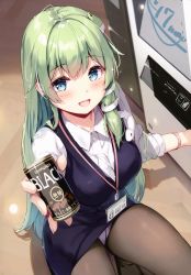 Rule 34 | 1girl, :d, absurdres, blue eyes, blush, breasts, detexted, frog hair ornament, from above, green hair, hair ornament, highres, incoming drink, kochiya sanae, long hair, miyase mahiro, open mouth, panties, panties under pantyhose, pantyhose, pencil skirt, skirt, smile, snake hair ornament, solo, third-party edit, touhou, underwear