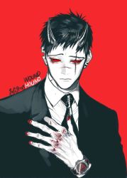 Rule 34 | 1boy, black eyes, business suit, closed mouth, collared shirt, colored sclera, copyright request, earrings, formal, hand up, horns, jacket, jewelry, male focus, monochrome, nail polish, necktie, oni, oni horns, pigeon666, red background, red nails, red sclera, red theme, sanpaku, shirt, simple background, solo, suit, watch, wing collar, wristwatch