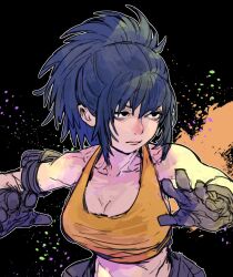Rule 34 | 1girl, arm pouch, bare shoulders, black eyes, blue hair, breasts, cleavage, closed mouth, crop top, earrings, gloves, highres, jewelry, leona heidern, medium breasts, ponytail, sleeveless, soldier, solo, tank top, the king of fighters, the king of fighters xv, triangle earrings, yellow tank top, yukke69
