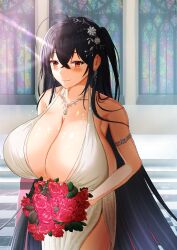 1girl absurdres ahoge azur_lane backless_dress backless_outfit bare_shoulders black_hair bouquet breasts center_opening cleavage cocktail_dress collarbone cowboy_shot dress earrings flower gekisum hair_between_eyes hair_ornament highres holding holding_bouquet huge_breasts indoors jewelry long_hair looking_at_viewer official_alternate_costume plunging_neckline red_eyes red_flower red_rose rose satin_dress sleeveless sleeveless_dress solo stained_glass taihou_(azur_lane) taihou_(temptation_on_the_sea_breeze)_(azur_lane) very_long_hair wedding_dress white_dress