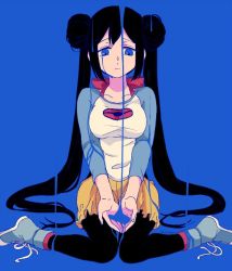 Rule 34 | 1girl, black hair, black pantyhose, blue eyes, bow, breasts, closed mouth, collarbone, commentary request, creatures (company), cupping hands, double bun, game freak, hair bun, pantyhose under shorts, long hair, nintendo, own hands together, pantyhose, pink bow, pokemon, pokemon adventures, raglan sleeves, raised eyebrows, rosa (pokemon), shirou (shiro uzr), shirt, shoes, short shorts, shorts, sitting, sneakers, solo, twintails, twitter username, yellow shorts