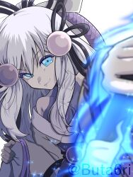 Rule 34 | 1girl, absurdres, bare shoulders, blue eyes, blue fire, duel monster, fire, hair ornament, highres, holding, holding weapon, japanese clothes, long hair, long sleeves, nail polish, pale skin, smile, solo, tsuki inoko, twitter username, watermark, weapon, white hair, wide sleeves, yu-gi-oh!, yuki-onna the absolute zero mayakashi, yuki-onna the ice mayakashi, yuki onna