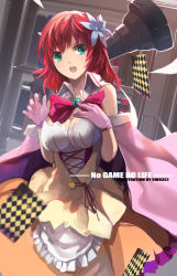 Rule 34 | 10s, 1girl, :o, artist name, bad id, bad pixiv id, bow, breasts, card, chess piece, copyright name, flower, flower on head, gloves, green eyes, hair flower, hair ornament, large breasts, no game no life, open mouth, pink gloves, red hair, short hair, sketch, solo, stephanie dora, swd3e2