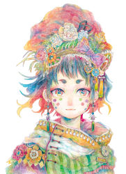 Rule 34 | androgynous, beads, black hair, blue eyes, blue flower, bow, closed mouth, coin (ornament), diamond (shape), earrings, facepaint, flower, frills, gem, gender request, green eyes, hair bow, hair flower, hair ornament, headdress, jewelry, looking at viewer, midoritaitu, multicolored eyes, multicolored hair, original, painting (medium), purple bow, purple flower, red eyes, red hair, rose, short eyebrows, short hair, simple background, smile, solo, striped, tassel, traditional clothes, traditional media, upper body, vertical stripes, watercolor (medium), wavy hair, white background, white flower, yellow flower