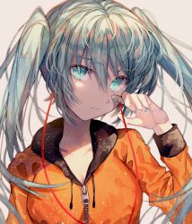 Rule 34 | 1girl, blue nails, breasts, cleavage, collarbone, deep (deep4946), floating hair, green eyes, grey background, hair between eyes, hatsune miku, head tilt, highres, looking at viewer, medium breasts, nail polish, orange sweater, solo, sweater, twintails, upper body, vocaloid, zipper