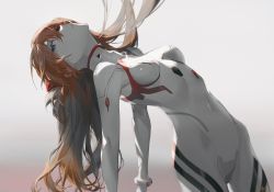 Rule 34 | 1girl, bodysuit, breasts, chi4, covered navel, evangelion: 3.0+1.0 thrice upon a time, eyepatch, from side, gradient background, hair between eyes, hanging, head back, highres, interface headset, leaning back, looking at viewer, looking to the side, medium breasts, neon genesis evangelion, orange hair, pale skin, pilot suit, plugsuit, rebuild of evangelion, simple background, skin tight, solo, souryuu asuka langley, turtleneck, white background, white bodysuit