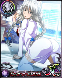 Rule 34 | 1girl, all fours, ass, bed, bow, braid, breasts, card (medium), chess piece, female focus, grayfia lucifuge, grey eyes, grey hair, hair bow, high school dxd, large breasts, lipstick, long hair, maid headdress, makeup, matching hair/eyes, nurse, official art, queen (chess), red lips, sideboob, smile, tagme, thermometer, thighhighs, twin braids, white thighhighs