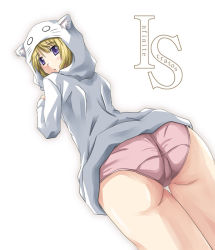 Rule 34 | 10s, 1girl, animal hat, ass, blonde hair, blush, charlotte dunois, from behind, from below, hat, infinite stratos, looking back, mister (black and white), panties, pink panties, purple eyes, solo, thigh gap, underwear