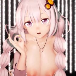 Rule 34 | 1girl, 3d, animated, braid, breasts, collarbone, ears, fingernails, grimoirexorcism, hair between eyes, hair ornament, handjob gesture, implied ejaculation, jerk off instructions, jewelry, kizuna akari, large breasts, light, long sleeves, looking at viewer, mikumikudance (medium), nail polish, necklace, nipples, nose, off shoulder, ok sign, open mouth, pink eyes, pink hair, sexually suggestive, talking, teeth, topless, twin braids, twintails, two-finger handjob, video, vocaloid, yellow nails