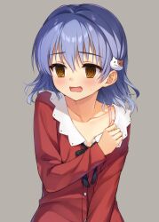 Rule 34 | 1girl, @ @, black ribbon, blue hair, blush, bra, cat hair ornament, cofetaru, collarbone, commentary, dracu-riot!, embarrassed, eyelashes, eyes visible through hair, grey background, hair between eyes, hair ornament, hand up, highres, long sleeves, looking to the side, medium hair, off shoulder, ofusa hiyori, open mouth, pink bra, presenting bra, red shirt, ribbon, shirt, simple background, solo, sweat, underwear, upper body, wavy mouth, yellow eyes