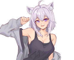 Rule 34 | 1girl, ahoge, alternate costume, animal ear fluff, animal ears, armpits, black tank top, blush, breasts, casual, cat ears, cleavage, commentary, double-parted bangs, fang, grey jacket, hair between eyes, highres, hololive, jacket, looking at viewer, medium breasts, medium hair, nekomata okayu, nokaa aru, off shoulder, open clothes, open jacket, open mouth, purple eyes, purple hair, simple background, smile, solo, tank top, upper body, virtual youtuber, white background