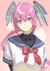 Rule 34 | 1girl, 9-ga, blush, bow, bowtie, braid, dated, dress, hair between eyes, headgear, highres, kantai collection, long hair, looking at viewer, nenohi (kancolle), pink background, pink hair, purple eyes, red bow, red bowtie, sailor collar, sailor dress, signature, simple background, single braid, sketch, solo, upper body, very long hair, white dress