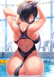 Rule 34 | 1girl, animal ears, arms up, ass, back, backboob, bare shoulders, black hair, black one-piece swimsuit, blue eyes, blue ribbon, blush, bow, breasts, competition swimsuit, duplicate, ear ribbon, eishin flash (umamusume), from behind, highleg, highleg swimsuit, highres, horse ears, horse girl, horse tail, kawai (purplrpouni), large breasts, looking at viewer, looking back, one-piece swimsuit, partially submerged, pixel-perfect duplicate, pool, ribbon, school uniform, short hair, solo, swimsuit, tail, umamusume, wading, water, wet