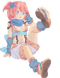 Rule 34 | 1girl, :o, arm warmers, blue eyes, blush, breasts, chaosexceed, cleavage, dot nose, feet, female focus, flip-flops, flower, full body, hair flower, hair ornament, hairclip, hand on own head, highres, kunoichi, leg up, leg warmers, midriff, navel, ninja, open mouth, pink hair, raised eyebrows, sandals, sash, scarf, shoe dangle, shoe soles, shorts, sitting, soles, solo, suspenders, toeless legwear, toes, twintails