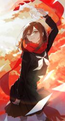 Rule 34 | 1girl, arm at side, arm up, black sailor collar, black serafuku, black shirt, black skirt, black socks, blurry, brown hair, cloud, cowboy shot, depth of field, enpera, floating scarf, flying paper, hair ornament, hairclip, highres, holding, kagerou project, lens flare, long scarf, long sleeves, looking ahead, medium hair, mochigome 23, neckerchief, origami, paper, paper crane, parted lips, pleated skirt, red eyes, red scarf, sailor collar, scarf, school uniform, serafuku, shirt, skirt, sky, smile, socks, solo, sunlight, sunset, tateyama ayano, white neckerchief