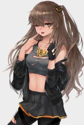 Rule 34 | alternate breast size, bad id, bad pixiv id, bandaid, black jacket, black pantyhose, black skirt, blush, breasts, brown eyes, brown hair, cleavage, collarbone, crop top, dokomon, fingerless gloves, girls&#039; frontline, gloves, grey background, hair between eyes, hair ornament, heart, heart-shaped pupils, highres, jacket, long hair, looking at viewer, medium breasts, navel, off shoulder, one eye closed, one side up, pantyhose, pleated skirt, scar, scar across eye, scar on face, shiny skin, sidelocks, simple background, single fingerless glove, single glove, skirt, solo, stomach, symbol-shaped pupils, thigh strap, tongue, tongue out, torn clothes, ump45 (girls&#039; frontline), very long hair, wavy hair