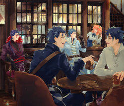 Rule 34 | 1girl, 4boys, alternate costume, bar (place), beads, belt, blue hair, bottle, chair, closed mouth, coat, crescent, crescent necklace, cu chulainn (caster) (fate), cu chulainn (fate), cu chulainn (fate) (all), cu chulainn (fate/prototype), cu chulainn (fate/stay night), cu chulainn alter (fate), cu chulainn alter (fate/grand order), cup, dark persona, earrings, facepaint, fang, fate/grand order, fate/prototype, fate/stay night, fate (series), fujimaru ritsuka (female), fujimaru ritsuka (female) (anniversary blonde), fur-trimmed coat, fur-trimmed shirt, fur trim, gloves, hair beads, hair ornament, hair scrunchie, highres, jewelry, kajijii, lancer, long hair, male focus, mini cu-chan (fate), mug, multiple boys, multiple persona, necklace, open mouth, orange hair, overcoat, pants, ponytail, popped collar, red eyes, ribbon, scrunchie, shirt, short hair, side ponytail, sitting, skirt, spiked hair, strap, the musketeers (fate/grand order), type-moon, unworn gloves, wine bottle, yellow eyes