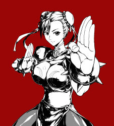Rule 34 | 1girl, absurdres, bracelet, breasts, bun cover, capcom, china dress, chinese clothes, chun-li, commentary request, cowboy shot, double bun, dress, fighting stance, fish.boy, hair ribbon, hands up, highres, jewelry, kung fu, large breasts, monochrome, nose, pantyhose, pelvic curtain, red background, red theme, ribbon, sash, short hair, short sleeves, solo, spiked bracelet, spikes, standing, street fighter