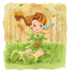Rule 34 | 1girl, :d, animal, bird, blush, boots, bracelet, braid, brown hair, earrings, gekkeiyou, grass, green eyes, jewelry, leaf, long hair, nature, necklace, open mouth, panel de pon, pointy ears, skirt, smile, solo, squirrel, teana (panel de pon), thiana (panel de pon), tree