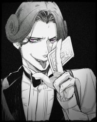Rule 34 | 00hitosi, 1boy, alternate costume, alternate hairstyle, bags under eyes, card, collared shirt, curly hair, fate/grand order, fate (series), formal, gesugao, gloves, greyscale, hair strand, highres, holding, holding card, male focus, mephistopheles (fate), monochrome, official alternate costume, open mouth, purple eyes, shaded face, shirt, short hair, suit, thick eyebrows, tongue, tongue out