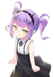 Rule 34 | black dress, blunt bangs, blush, bob-the-bison, child, clenched hands, commentary request, dress, earrings, green eyes, hair between eyes, hair ornament, hairband, hairclip, highres, hololive, jewelry, looking at viewer, pinafore dress, pointy ears, purple hair, shirt, simple background, sleeveless, sleeveless dress, solo, tokoyami towa, twintails, virtual youtuber, wavy mouth, white background, white shirt