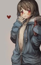 Rule 34 | androgynous, bad id, bad pixiv id, brown hair, chara (undertale), commentary request, gender request, grey background, hood, hoodie, ketchup, looking at viewer, oshiruko (tsume), red eyes, sans (undertale), short hair, simple background, solo, undertale