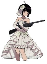 Rule 34 | 1girl, affectionate, alternate costume, amatori chika, aoi (yooo009), bare shoulders, bob cut, commentary, cropped legs, dress, elbow gloves, flower, frills, gloves, gun, hair flower, hair ornament, highres, holding, holding gun, holding weapon, jewelry, looking at object, looking to the side, necklace, hugging object, purple eyes, rifle, see-through, simple background, sniper rifle, solo, strapless, strapless dress, veil, weapon, wedding dress, white background, white gloves, world trigger