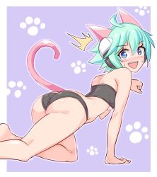 Rule 34 | 1girl, ahoge, all fours, animal ears, aqua hair, ass, azure striker gunvolt, bare shoulders, bikini, blue eyes, blush, breasts, cat ears, cat tail, cougar (cougar1404), from behind, huge ass, looking at viewer, looking back, medium breasts, open mouth, roro (gunvolt), shiny skin, short hair, sideboob, smile, solo, strapless, strapless bikini, surprised, swimsuit, tail, wedgie