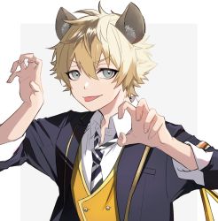 Rule 34 | 1boy, 1pinpon, :p, blazer, blonde hair, blue eyes, brown hair, buttons, claw pose, collared shirt, double-breasted, highres, hyena ears, jacket, looking at viewer, male focus, multicolored hair, necktie, ruggie bucchi, school uniform, shirt, short hair, sleeves rolled up, smile, solo, striped necktie, tongue, tongue out, twisted wonderland, two-tone hair, v-shaped eyebrows