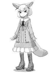 Rule 34 | 1girl, absurdres, alternate costume, animal ears, boots, cross-laced footwear, dress, fennec (kemono friends), fox ears, fox tail, full body, greyscale, hare (tetterutei), high heel boots, high heels, highres, kemono friends, lace-up boots, long sleeves, monochrome, short hair, simple background, solo, standing, tail, wavy mouth, white background