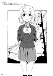 Rule 34 | 1girl, bad id, bad pixiv id, bow, bowtie, comic, eyebrows, greyscale, long sleeves, looking at viewer, monochrome, mousou (mousou temporary), original, page number, pleated skirt, school uniform, short hair, skirt, solo, translated