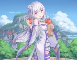 Rule 34 | 10s, 1girl, :d, apple, bag, bare shoulders, blush, braid, breasts, calligraphy brush (medium), cchhii3, cleavage, cloud, commentary, cowboy shot, crown braid, day, detached collar, detached sleeves, dress, elf, emilia (re:zero), flower, food, french braid, frilled sleeves, frills, fruit, gem, hair flower, hair ornament, hair ribbon, highres, holding, holding bag, holding food, holding fruit, large breasts, light purple hair, long hair, looking at viewer, low-tied long hair, miniskirt, mountain, open mouth, paper bag, pink eyes, pleated skirt, pointy ears, purple ribbon, re:zero kara hajimeru isekai seikatsu, ribbon, rose, skirt, sky, smile, solo, thighhighs, town, tree, white dress, white flower, white hair, white rose, wide sleeves, x hair ornament, zettai ryouiki