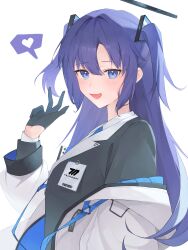 Rule 34 | 1girl, absurdres, black gloves, black jacket, blazer, blue archive, blue eyes, blush, gloves, halo, heart, highres, id card, jacket, long hair, looking at viewer, looking to the side, purple hair, randouworks, simple background, smile, solo, spoken heart, two-sided fabric, two-sided jacket, two side up, upper body, very long hair, w, white background, yuuka (blue archive)