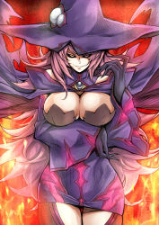 Rule 34 | &gt;:), 1girl, absurdres, bare shoulders, black gloves, black sclera, blazblue, blazblue: central fiction, breast hold, breasts, cape, cleavage, colored sclera, cowboy shot, detached sleeves, eyes visible through hair, gloves, hair over one eye, hat, highres, karadborg, konoe a. mercury, large breasts, long hair, long sleeves, looking at viewer, parted lips, pink hair, smile, solo, thigh gap, tsurime, v-shaped eyebrows, very long hair, wide sleeves, witch hat, yellow eyes