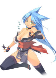 Rule 34 | 1girl, asymmetrical gloves, bare shoulders, bell, black thighhighs, blue hair, breasts, choker, cleavage, elbow gloves, fingerless gloves, gloves, holding, japanese clothes, jingle bell, large breasts, long hair, looking at viewer, mismatched gloves, neck bell, off shoulder, open mouth, rance (series), sengoku rance, shingo (missing link), shuriken, simple background, single elbow glove, smile, solo, standing, standing on one leg, suzume (rance), tan, tanline, thighhighs, translation request, weapon, white background, yellow eyes