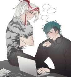 Rule 34 | 2boys, aphelios, at computer, black pants, black shirt, blue hair, computer, crossed arms, dulcedeleche124, earrings, grey shirt, headphones, heartsteel (league of legends), heartsteel aphelios, heartsteel yone, highres, jewelry, laptop, league of legends, looking at another, male focus, multicolored hair, multiple boys, necklace, official alternate costume, pants, ponytail, red hair, shirt, short hair, sitting, streaked hair, two-tone hair, white hair, yone (league of legends)