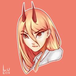 Rule 34 | 1girl, blonde hair, blouse, business suit, chainsaw man, collared shirt, cross-shaped pupils, crosshair pupils, demon girl, fang, fangs, formal, hair between eyes, horns, pink background, power, power (chainsaw man), red horns, self-upload, shirt, simple background, smile, solo, suit, symbol-shaped pupils, teeth, uniform, white shirt