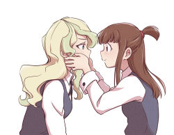 Rule 34 | 2girls, blonde hair, blue eyes, blush, brown hair, diana cavendish, eye contact, hand on another&#039;s cheek, hand on another&#039;s face, imminent kiss, kagari atsuko, little witch academia, looking at another, luna nova school uniform, multicolored hair, multiple girls, profile, red eyes, school uniform, simple background, tonton (mathcaca24), two-tone hair, uniform, wavy hair, white background, yuri