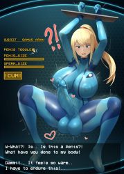 Rule 34 | !, 1girl, ?, blonde hair, blue bodysuit, blue eyes, blush, bodysuit, breasts, bulge, cameltoe, covered collarbone, covered erect nipples, covered navel, english text, futanari, heart, highres, huge breasts, large penis, long hair, metroid, motion lines, nintendo, penis, penis growth, ponytail, restrained, samus aran, sinensian, skindentation, solo, spread legs, testicles, thighs, zero suit