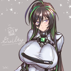 Rule 34 | 1girl, arms behind back, artist name, bodysuit, breasts, brown hair, character name, chibi, chibi inset, colored inner hair, goddess of victory: nikke, green hair, guilty (nikke), hair behind ear, hair between eyes, heart, huge breasts, ichijo ahuro, light blush, long hair, multicolored hair, pink eyes, skin tight, solo, very long hair, white bodysuit