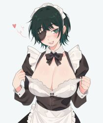 Rule 34 | 1girl, alternate costume, blush, breasts, chainsaw man, cleavage, enmaided, eyepatch, green eyes, green hair, heart, highres, himeno (chainsaw man), large breasts, long sleeves, maid, maid headdress, ms tsukii, parted lips, short hair, smile, solo