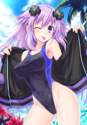 Rule 34 | 1girl, adult neptune, bikini, blush, breasts, cameltoe, covered erect nipples, covered navel, d-pad, d-pad hair ornament, hair between eyes, hair ornament, highres, kazuneko (wktk1024), long hair, looking at viewer, medium breasts, neptune (series), one-piece swimsuit, one eye closed, open clothes, purple eyes, purple hair, shin jigen game neptune vii, shiny skin, smile, solo, swimsuit, swimsuit under clothes, tongue, tongue out, very long hair, wet