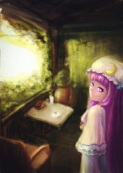 Rule 34 | 1girl, blurry, blurry background, book, bush, capelet, chair, crescent, crescent pin, cup, day, dress, hair ribbon, hat, hat ornament, highres, indoors, kongxia zhi yu, long hair, long sleeves, looking at viewer, looking back, mob cap, patchouli knowledge, plant, potted plant, purple dress, purple eyes, purple hair, ribbon, saucer, smile, solo, sunlight, table, teacup, touhou, tree, tress ribbon, very long hair