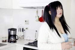 Rule 34 | 1girl, asian, black hair, breasts, chouzuki maryou, cleavage, coffee, coffee maker, frying pan, hip focus, kitchen, large breasts, oven, photo (medium), plump, sink, solo, stove, thick thighs, thighs, wide hips